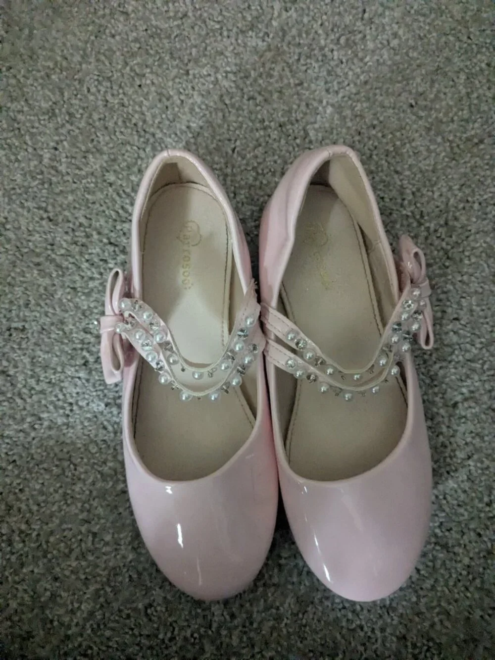 Girls Size 2 Pink Ballet Flats with Bow and Rhinestones & Pearl Straps